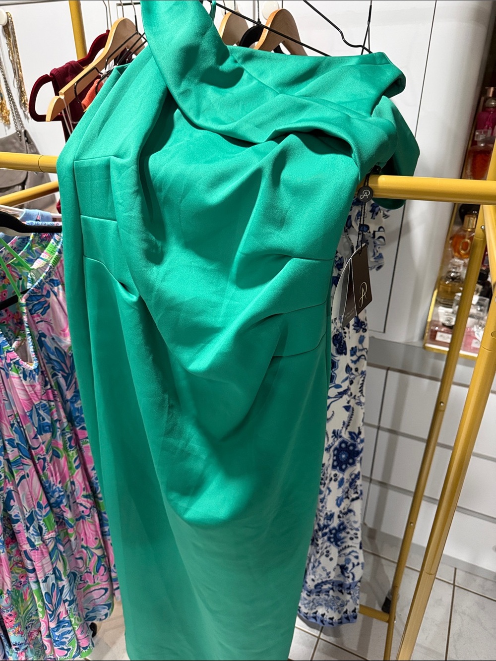 Adrianna Papell Emerald One-Shoulder Evening Gown - Picture 9 of 9